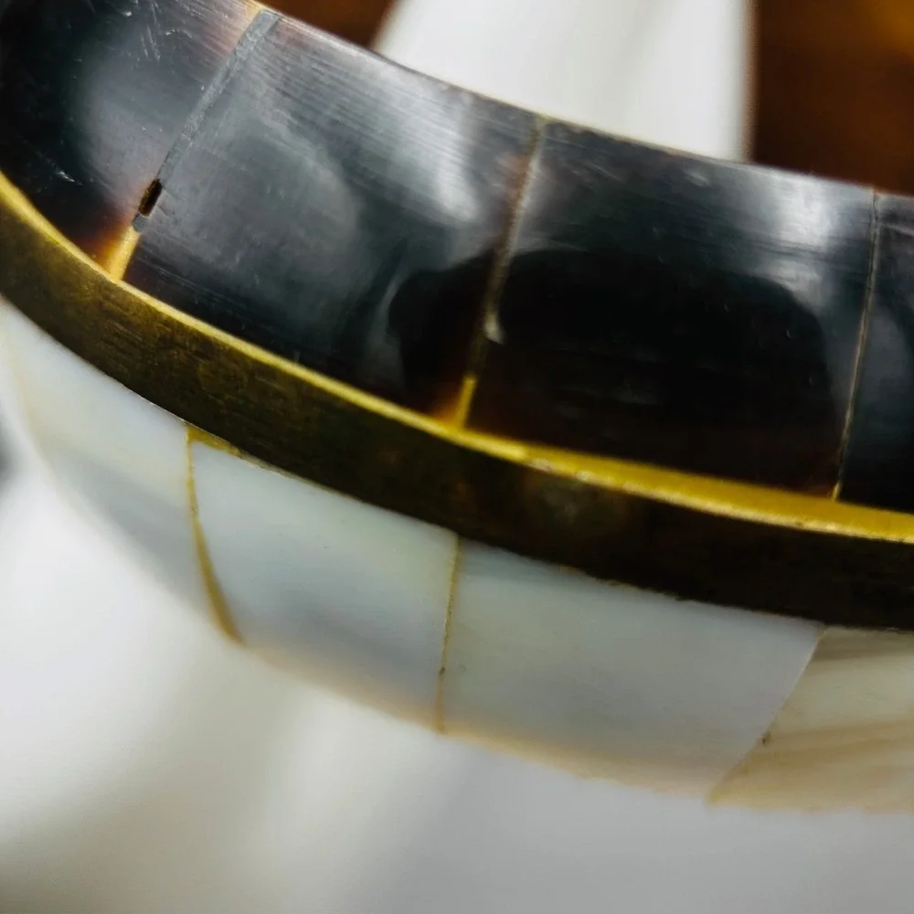 Vintage Inlaid Wood & Brass Bangle Bracelet Boho Artisan Style‎